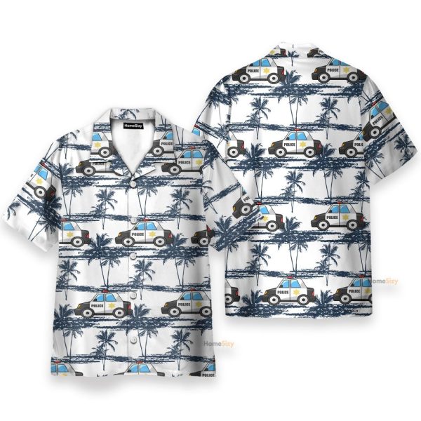 Police Car Tropical Coconut Tree Pattern Hawaiian Shirt & Beach Shorts