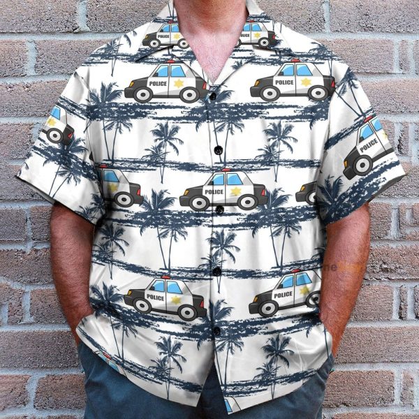 Police Car Tropical Coconut Tree Pattern Hawaiian Shirt & Beach Shorts