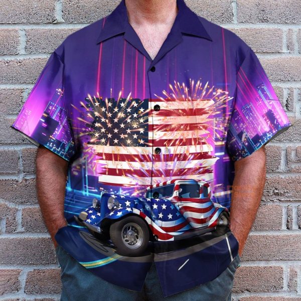 American Flag Hot Rod Car Hawaiian Shirt