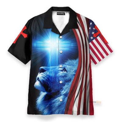 Jesus Because Of Him Heaven Knows My Name American Flag Blue Lion Hawaiian Shirt