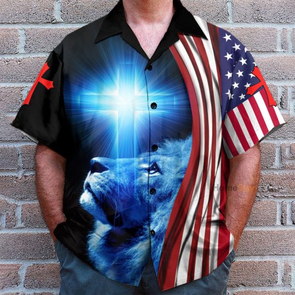 Jesus Because Of Him Heaven Knows My Name American Flag Blue Lion Hawaiian Shirt