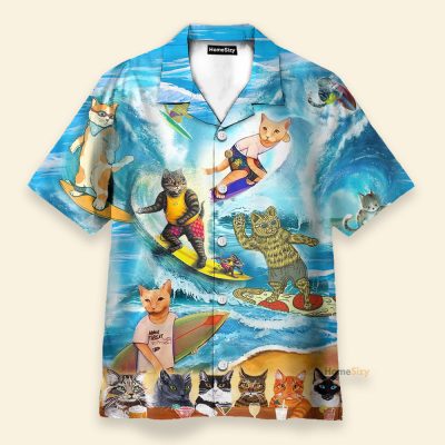Cat Surfing And Drinking Funny Button'S Up Shirts Hawaiian Shirt