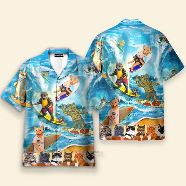 Cat Surfing And Drinking Funny Button'S Up Shirts Hawaiian Shirt