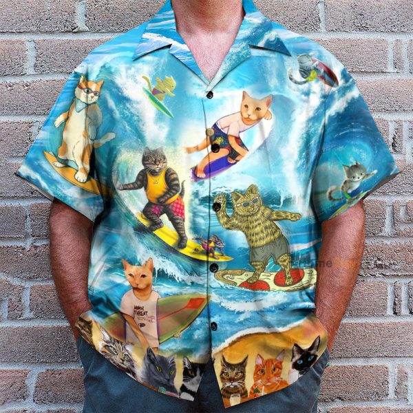 Cat Surfing And Drinking Funny Button'S Up Shirts Hawaiian Shirt