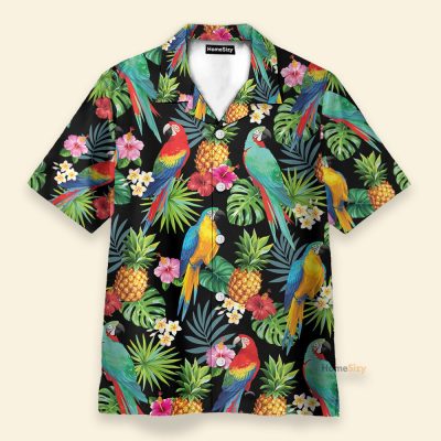 Parrots Pineapples Hibiscus Tropical Leaves Pattern Hawaiian Shirt