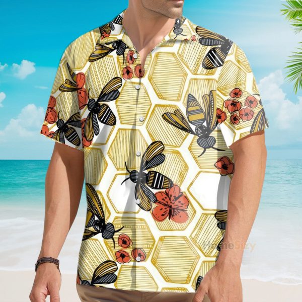 Honey Bee Hexagon Hawaiian Shirt & Beach Shorts