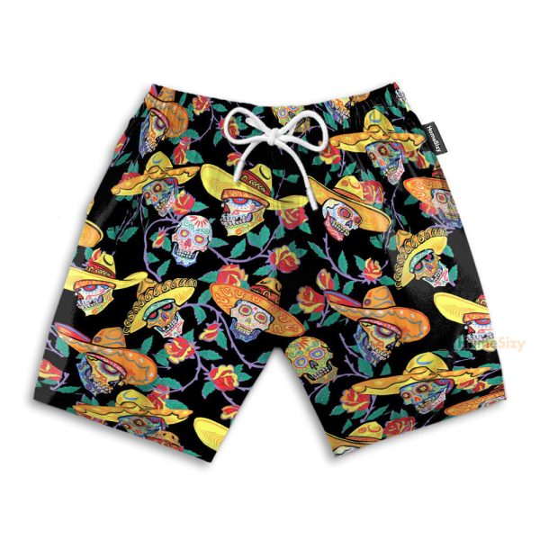 Mexico Benny?S Sugar Skulls Day Of The Dead Camp Hawaiian Shirt & Beach Shorts