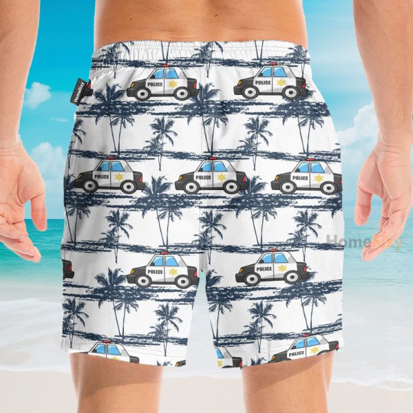 Police Car Tropical Coconut Tree Pattern Hawaiian Shirt & Beach Shorts