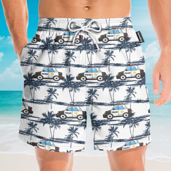 Police Car Tropical Coconut Tree Pattern Hawaiian Shirt & Beach Shorts