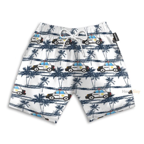 Police Car Tropical Coconut Tree Pattern Hawaiian Shirt & Beach Shorts