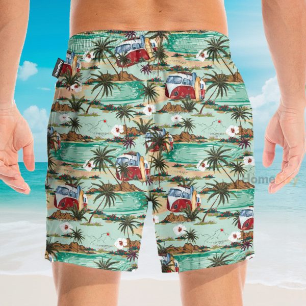 Hippie Bus And Surferboard On The Beach Hawaiian Shirt & Beach Shorts
