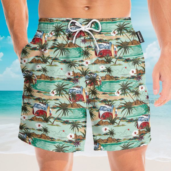 Hippie Bus And Surferboard On The Beach Hawaiian Shirt & Beach Shorts