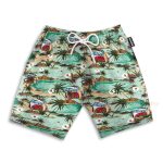 Hippie Bus And Surferboard On The Beach Hawaiian Shirt & Beach Shorts