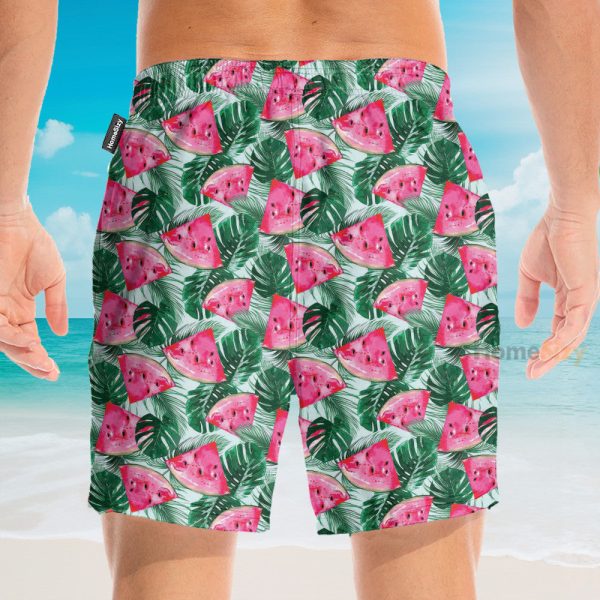 Watermelon In Tropical Green Leaves Hawaiian Shirt & Beach Shorts