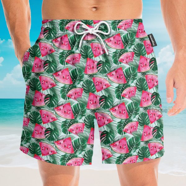 Watermelon In Tropical Green Leaves Hawaiian Shirt & Beach Shorts