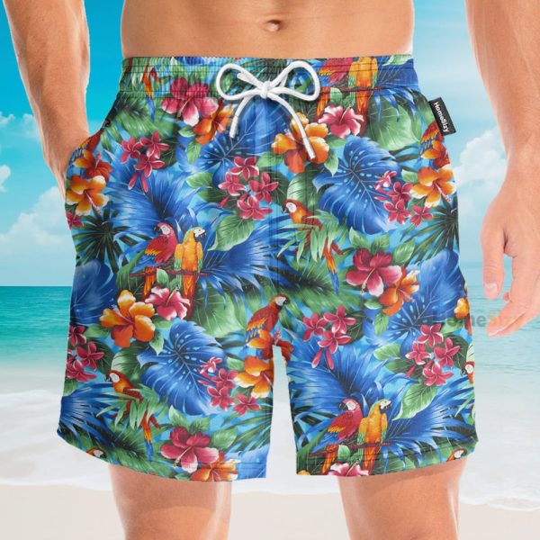 Parrot In Tropical Green Leaves Hawaiian Shirt & Beach Shorts