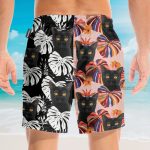 Black Cat Tropical Leaves Pattern Hawaiian Shirt & Beach Shorts