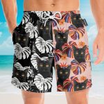 Black Cat Tropical Leaves Pattern Hawaiian Shirt & Beach Shorts