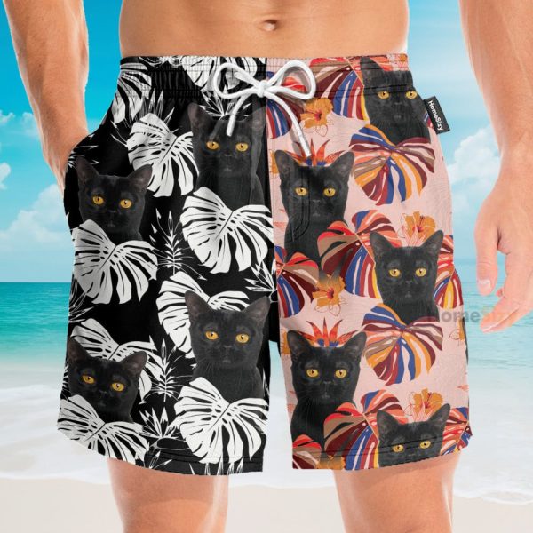 Black Cat Tropical Leaves Pattern Hawaiian Shirt & Beach Shorts