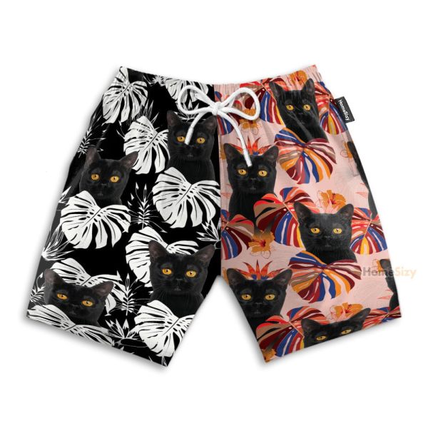 Black Cat Tropical Leaves Pattern Hawaiian Shirt & Beach Shorts
