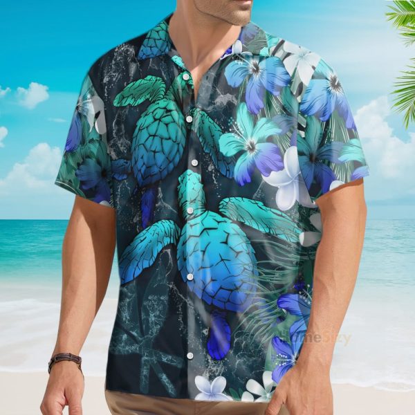 Sea Turtle Tropical Hibiscus And Plumeria Blue Hawaiian Shirt & Beach Shorts