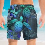 Sea Turtle Tropical Hibiscus And Plumeria Blue Hawaiian Shirt & Beach Shorts