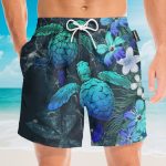 Sea Turtle Tropical Hibiscus And Plumeria Blue Hawaiian Shirt & Beach Shorts