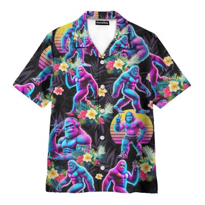 Neon Bigfoot Retro 80S Vaporwave Sasquatch Hawaiian Shirt