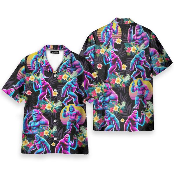 Neon Bigfoot Retro 80S Vaporwave Sasquatch Hawaiian Shirt