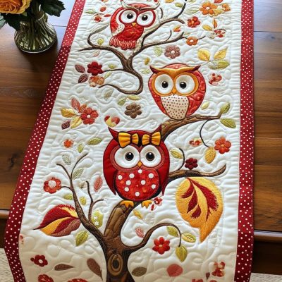 Autumn Branch Owls Quilted Table Runner