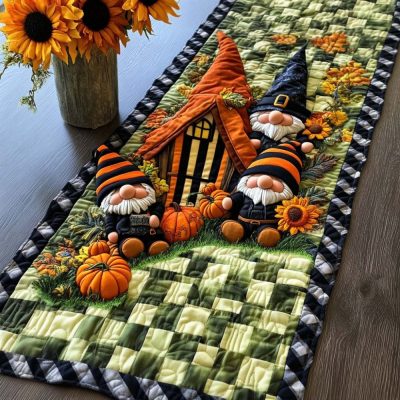 Autumn Gnome Parade Quilted Table Runner