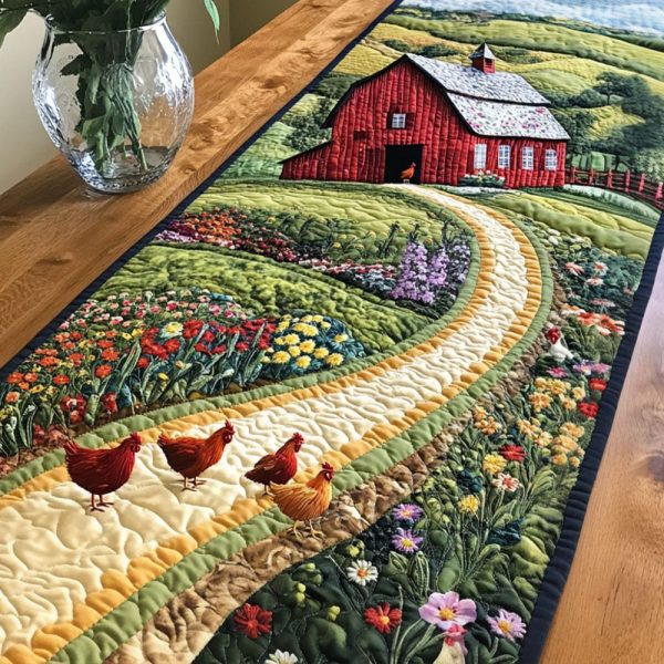 Barn And Chickens Quilted Table Runner