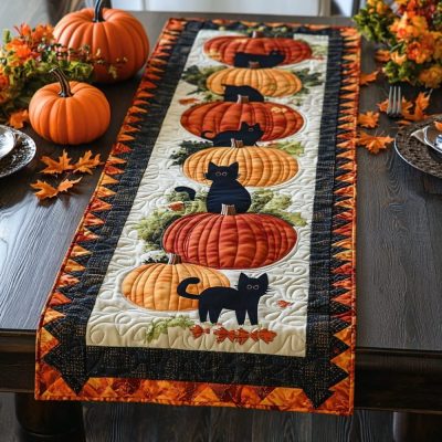Black Cat Charm Quilted Table Runner