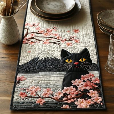 Black Cat Hanami Quilted Table Runner