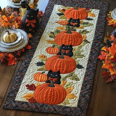 Black Cat Harvest Quilted Table Runner