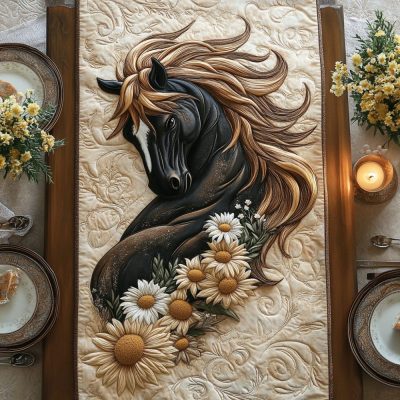 Black Daisy Charm Quilted Table Runner