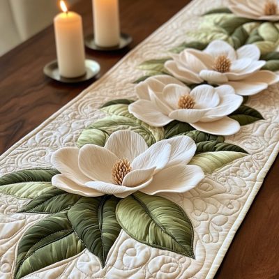 Magnolia Flower Quilted Table Runner