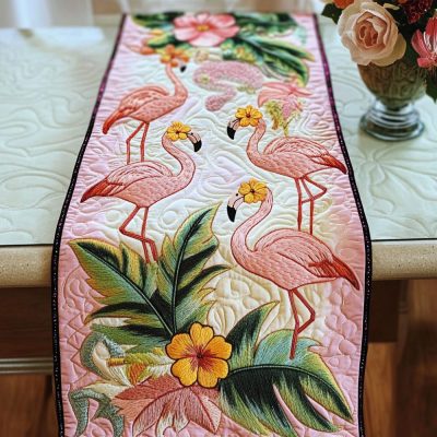Blush Flamingo Garden Quilted Table Runner