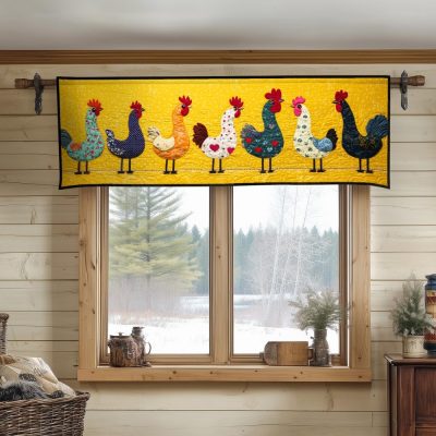 Bright Yellow Chickens Lineup Quilted Valance