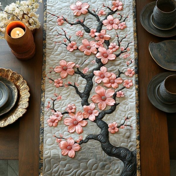 Cherry Blossom Sunrise Quilted Table Runner