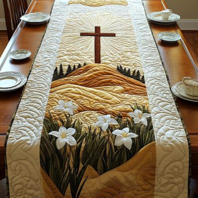 Christian Cross Bloom Quilted Table Runner