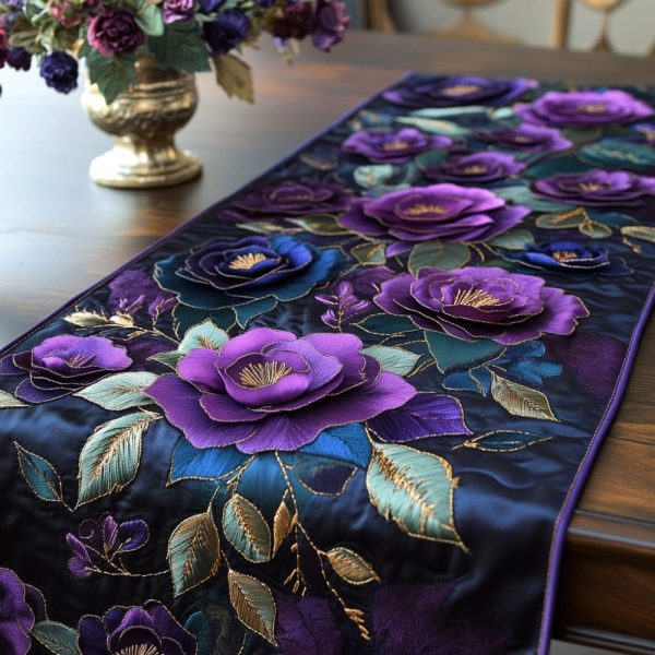 Deep Violet Bloom Quilted Table Runner