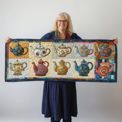 Elegant Teapots Quilted Table Runner