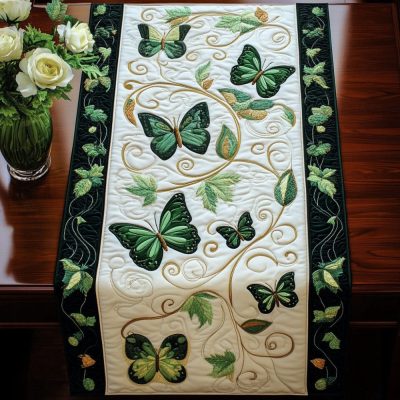 Emerald Butterfly Vine Quilted Table Runner