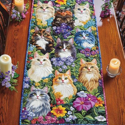 Feline Florals Quilted Table Runner