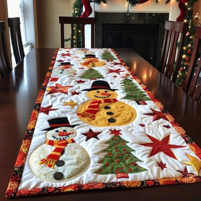 Festive Snowman & Tree Quilted Table Runner