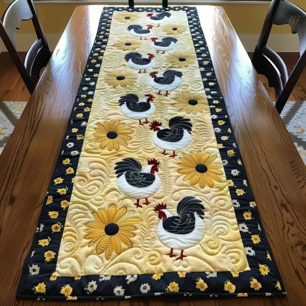 Floral Chickens Quilted Table Runner
