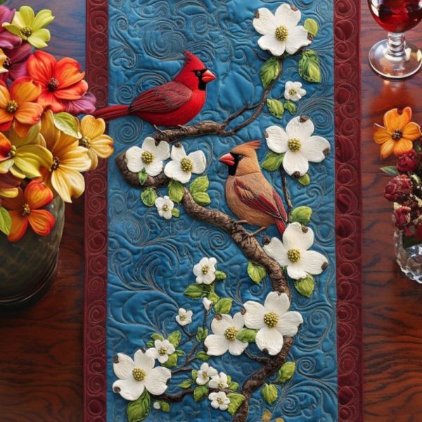 Floral Cardinals Quilted Table Runner
