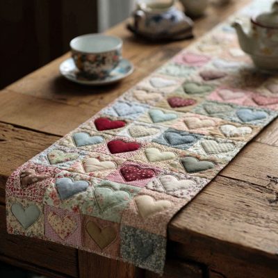Gentle Vintage Hearts Quilted Table Runner