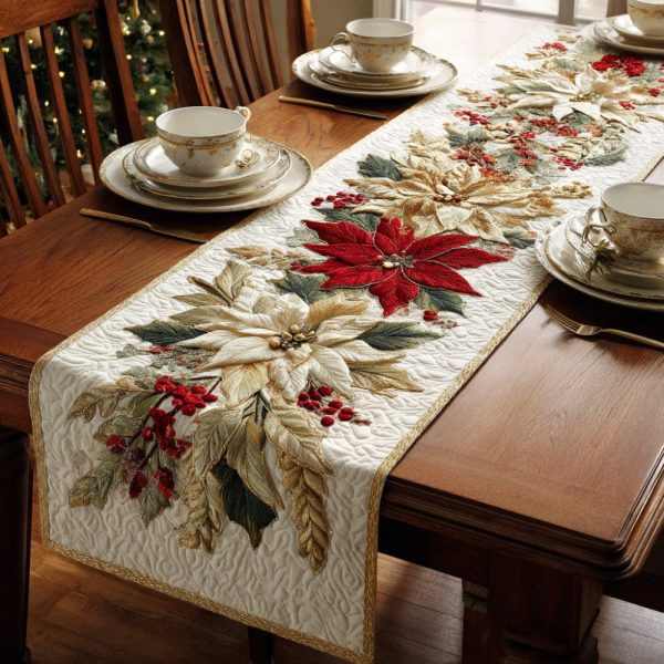 Golden Poinsettia Bloom Quilted Table Runner
